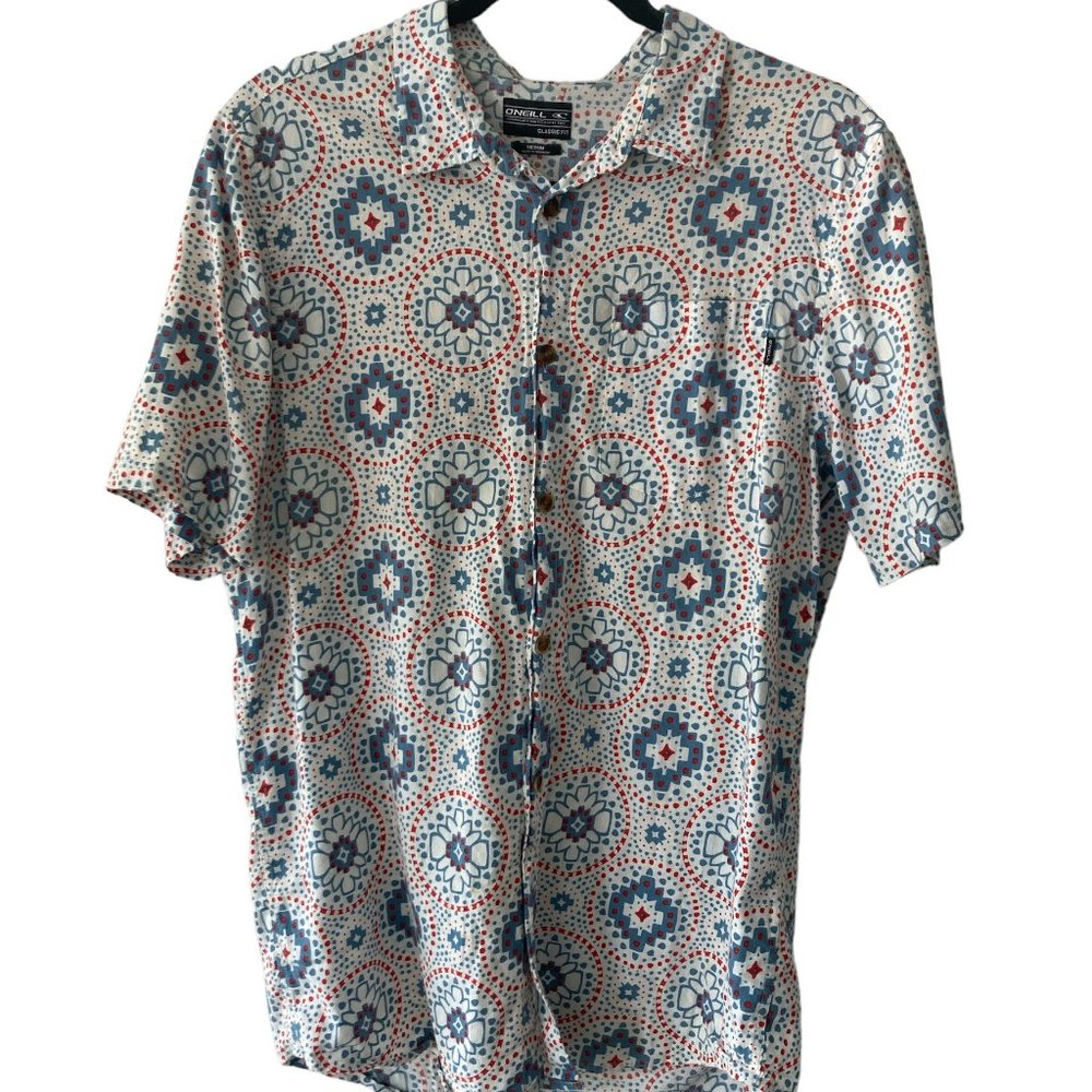 O'Neill Classic Fit Red White and Blue Abro-Geo Size M Button Up Short Shirt